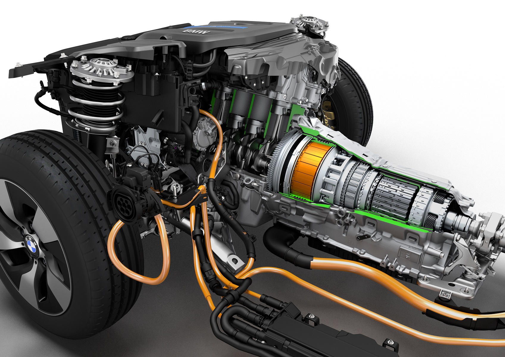 Internal combustion engine, electric motor and transmission